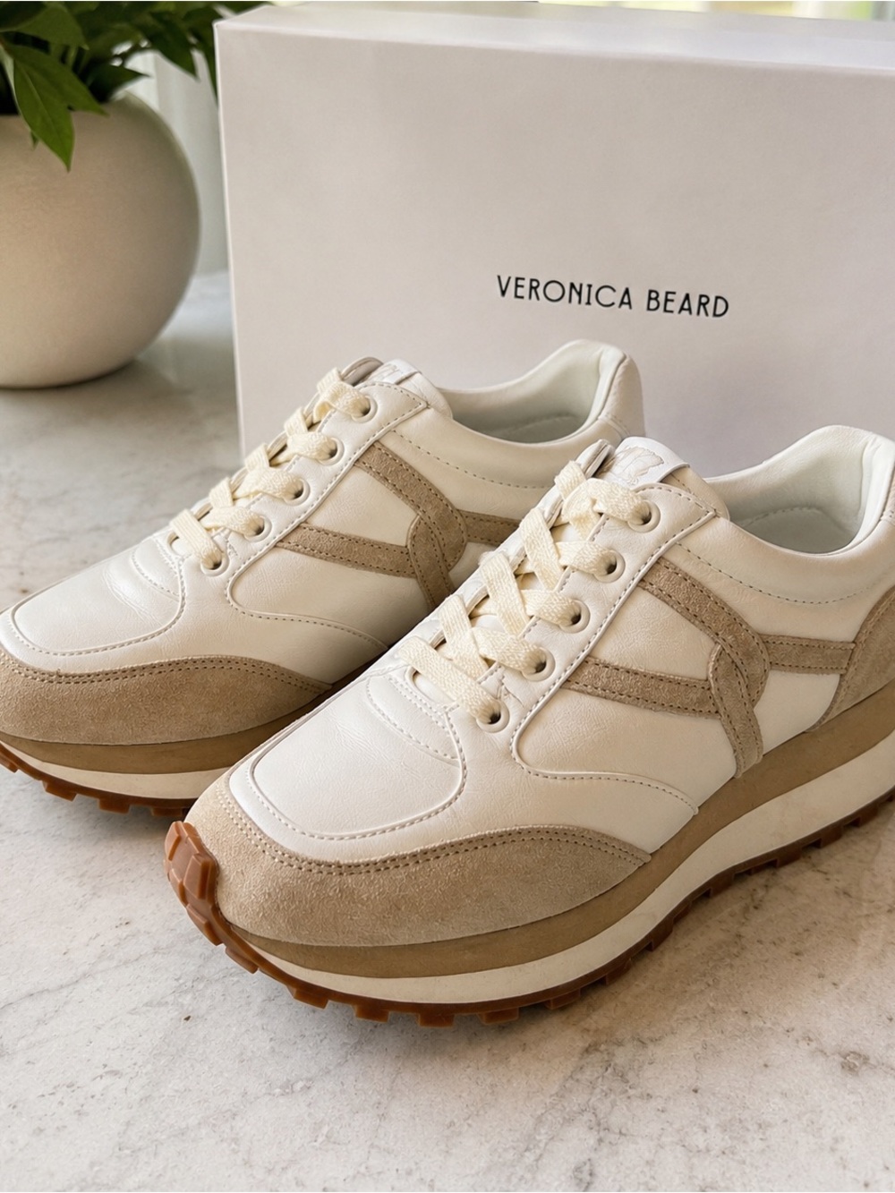 Veronica Beard Valentina Coconut & Ecru Suede-Trim Platform Sneakers